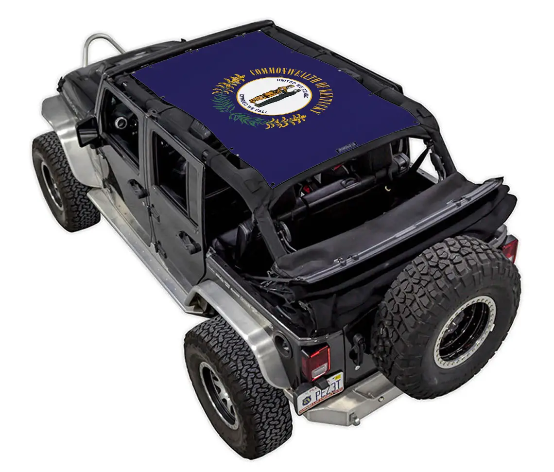 Sun shade for Jeep Wrangler JKU 4-Door by SPIDERWEBSHADE; navy stock printed shade top.