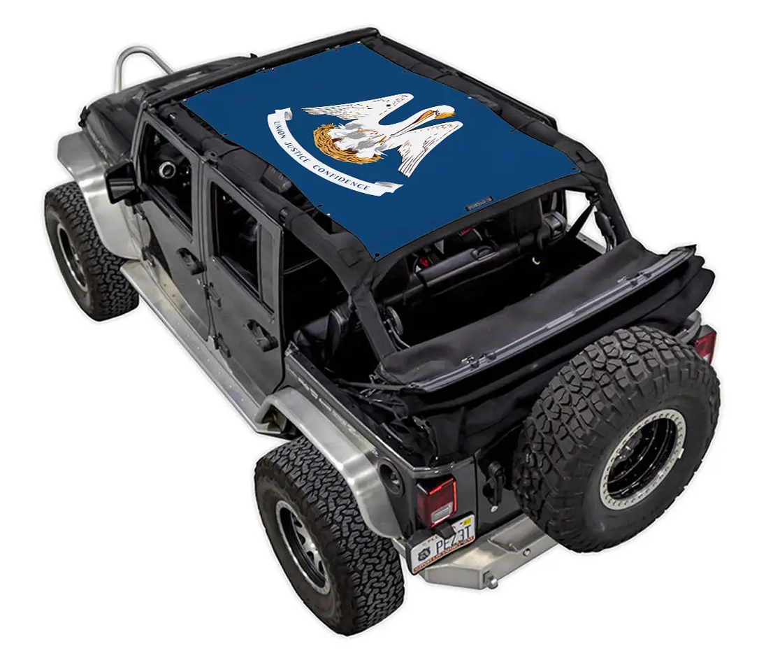 Sun Shade for Jeep Wrangler JKU 4-Door by SpiderWebShade; blue printed shade top with eagle motif