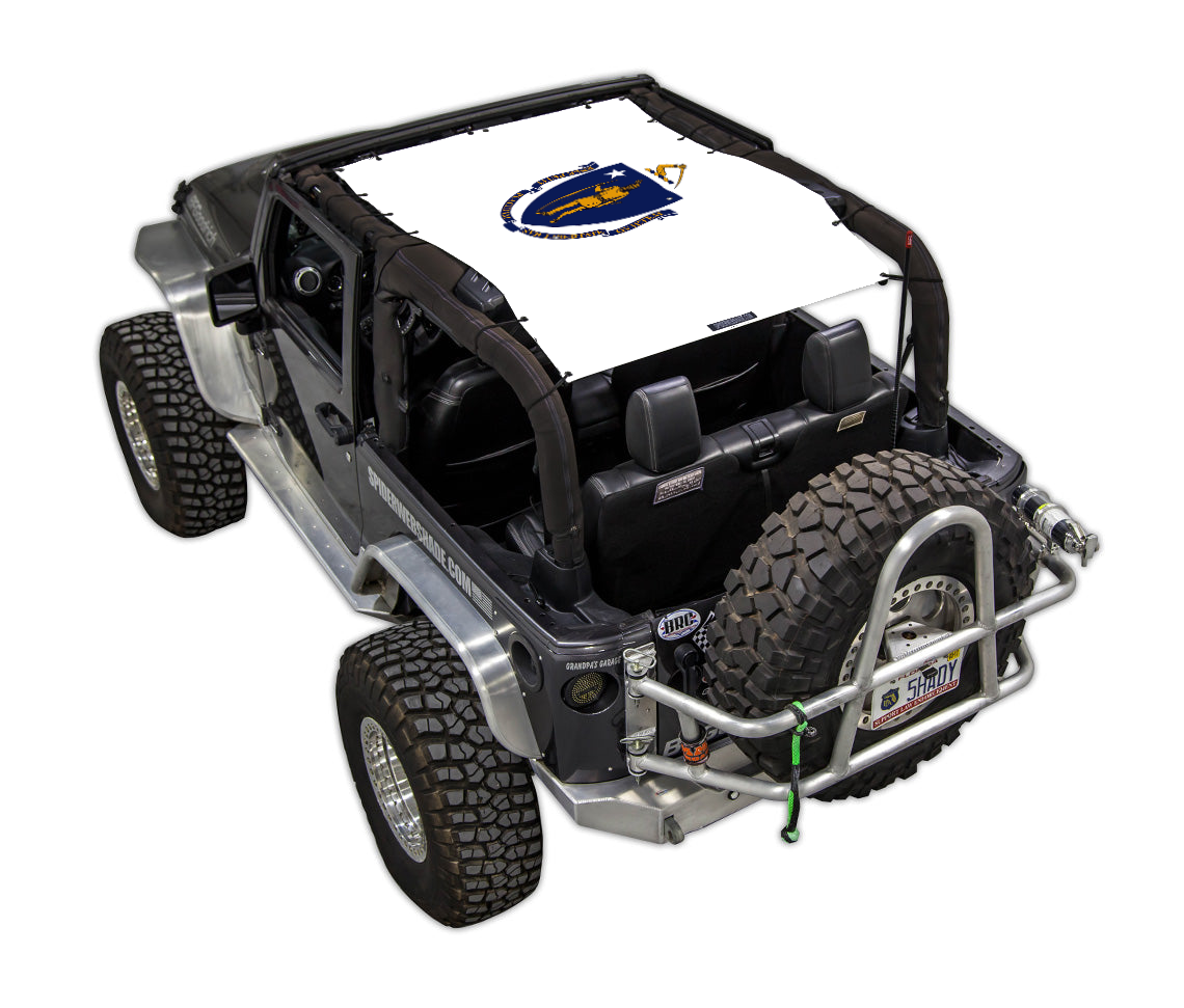 SPIDERWEBSHADE sun shade for Jeep Wrangler JK 2-Door, white printed shade top with logo.