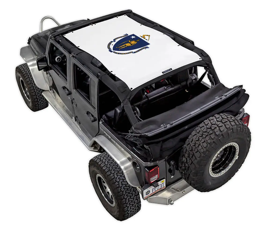 Sun Shade for Jeep Wrangler JKU 4-Door by SpiderWebShade, white stock-printed top with blue emblem