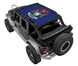 Sun shade top by SpiderWebShade for Jeep Wrangler JKU 4-door, blue printed stock design.