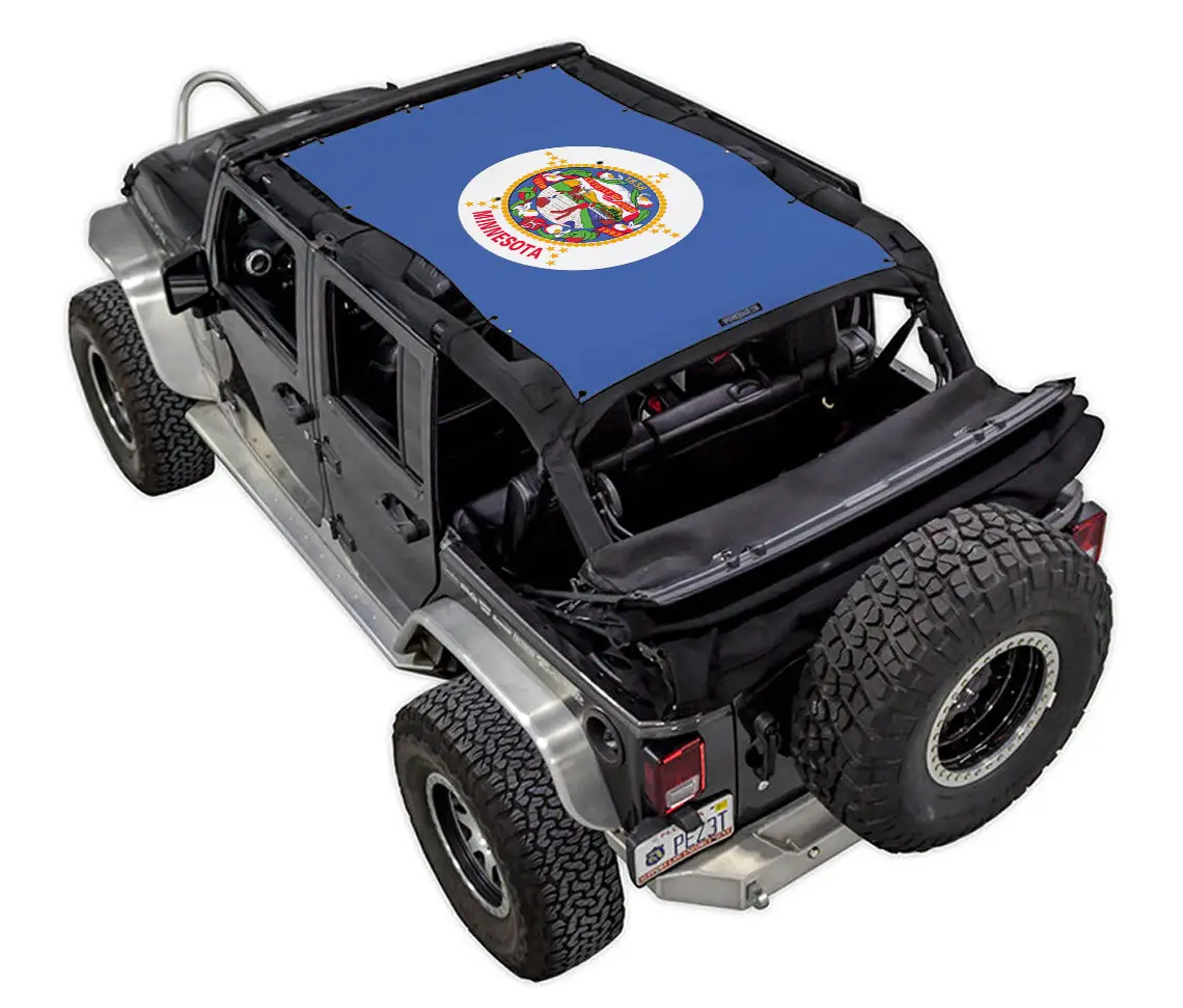 SPIDERWEBSHADE sun shade for Jeep Wrangler JKU 4-Door, blue stock printed top with Minnesota state flag