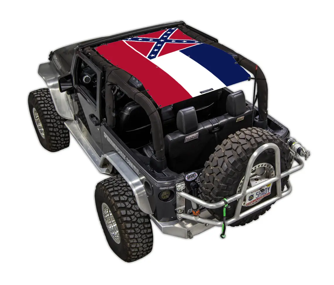 Sun shade top for Jeep Wrangler JK 2-Door by SpiderWebShade with red, white, blue flag print.
