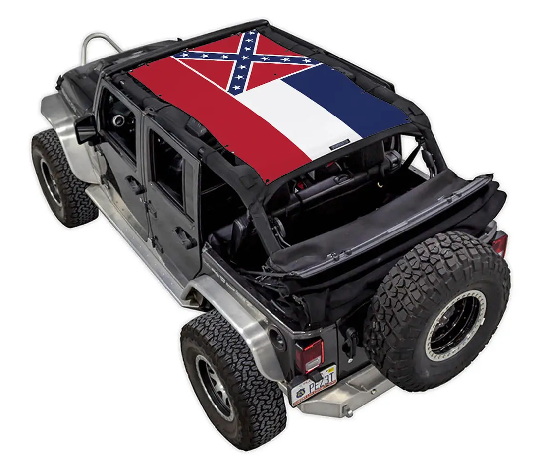 Sun shade top for Jeep Wrangler JKU 4-Door by SPIDERWEBSHADE with stock printed Confederate flag design