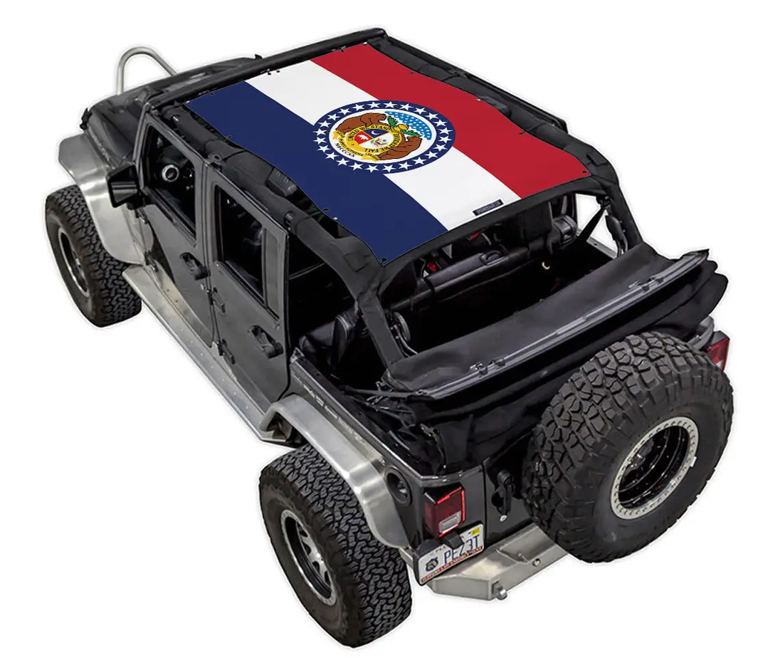 Sun shade for Jeep Wrangler JKU 4-Door by SPIDERWEBSHADE with stock printed flag design