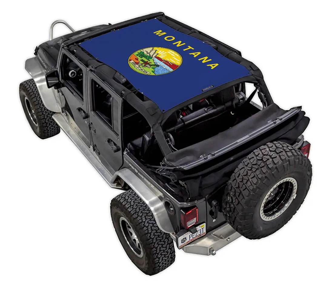 Sun shade SpiderWebShade for Jeep Wrangler JKU 4-Door, blue stock print with Montana state seal