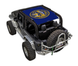 Sun shade for Jeep Wrangler JK 2-Door by SpiderWebShade, blue stock-printed top with yellow seal emblem