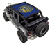 SpiderwebShade sun shade for Jeep Wrangler JKU 4-Door (2007–2017); blue printed top with yellow circular seal logo