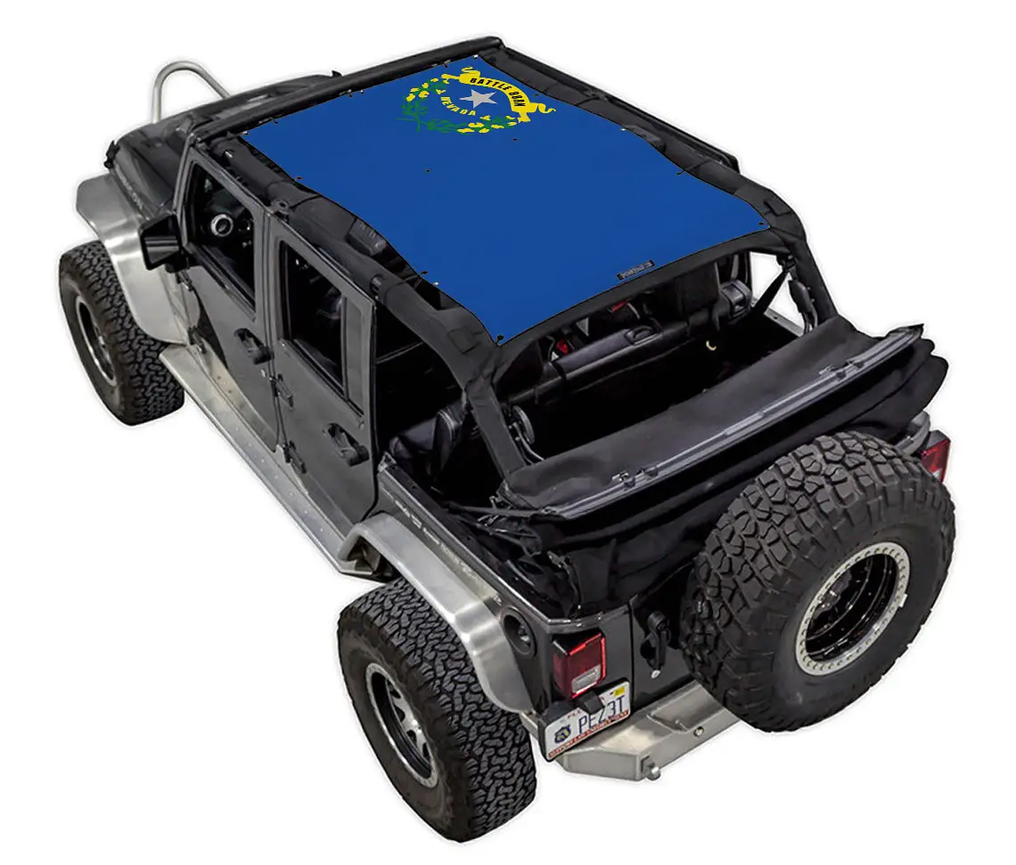 SpiderWebShade sun shade top for Jeep Wrangler JKU 4-Door, blue stock-printed design