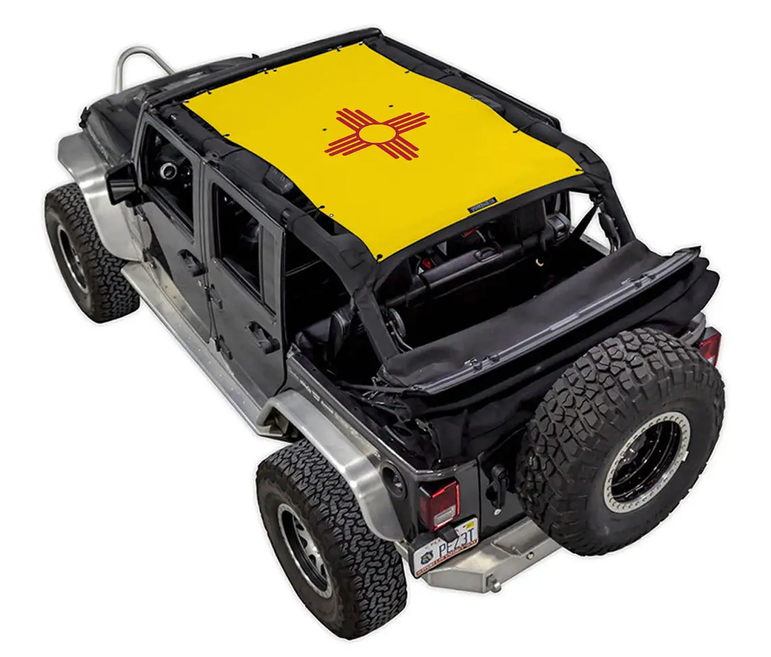 SPIDERWEBSHADE sun shade top for Jeep Wrangler JKU 4-Door; yellow printed shade with red emblem