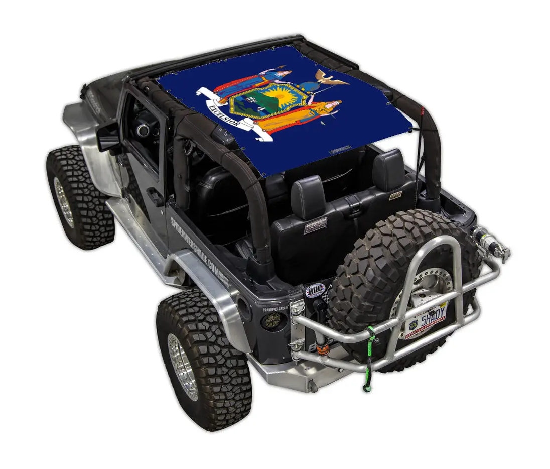 SPIDERWEBSHADE Sun Shade for Jeep Wrangler JK 2-Door; blue stock printed shade top with state seal