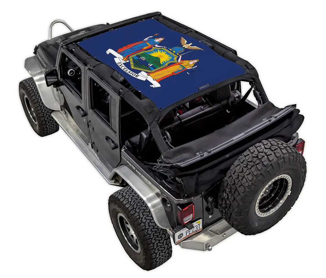 Sun shade top by SpiderWebShade for Jeep Wrangler JKU 4-Door, blue with state seal print