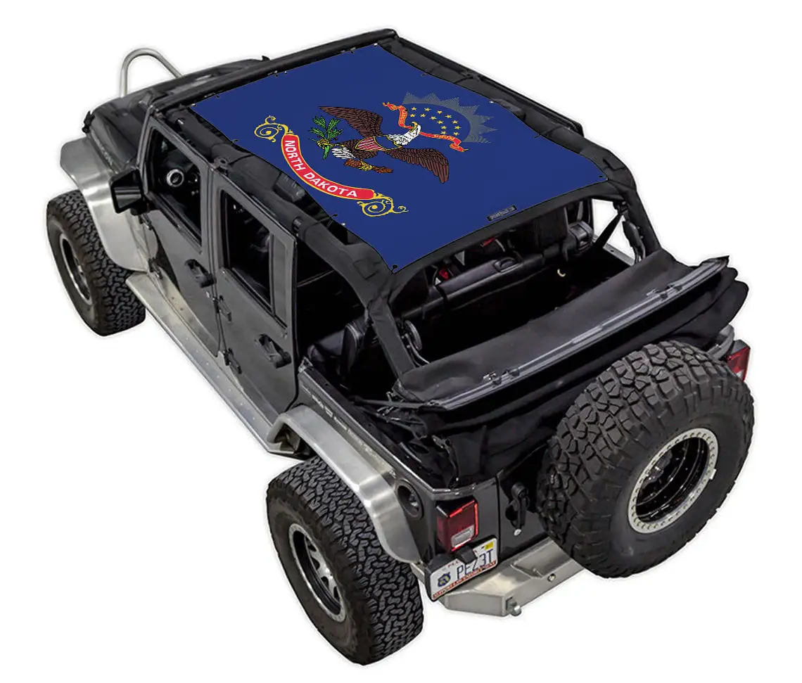 Sun Shade for Jeep Wrangler JKU 4-Door by SPIDERWEBSHADE, blue stock printed top featuring the North Dakota state flag.