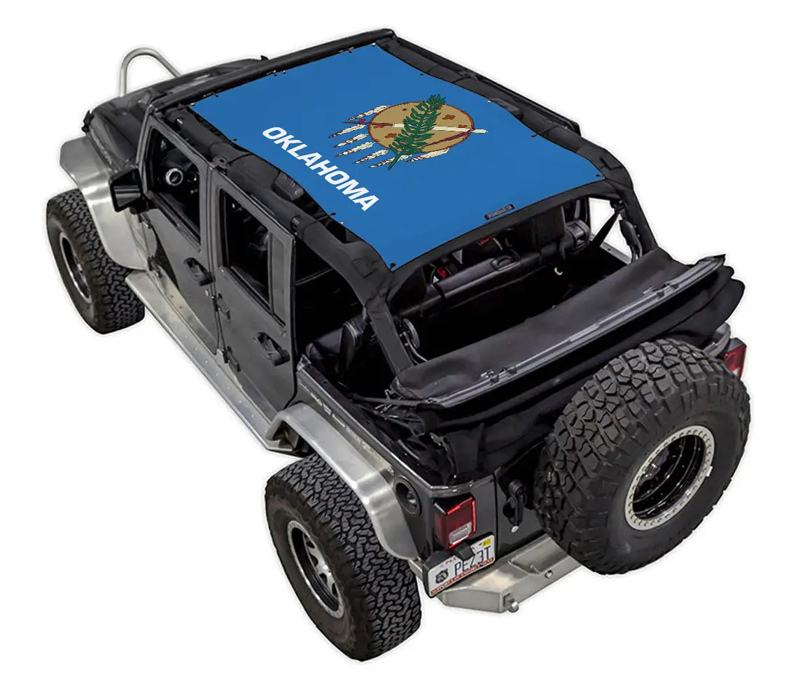Sun shade for Jeep Wrangler JKU 4-Door, SpiderWebShade, blue Oklahoma flag print top