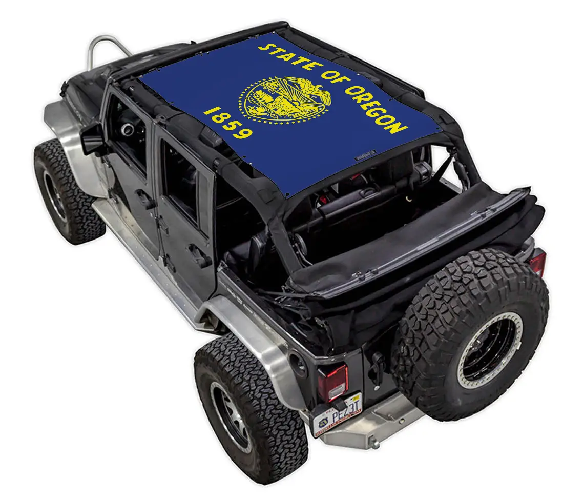 Sun shade top for Jeep Wrangler JKU 4-Door by SPIDERWEBSHADE, blue Oregon state flag print