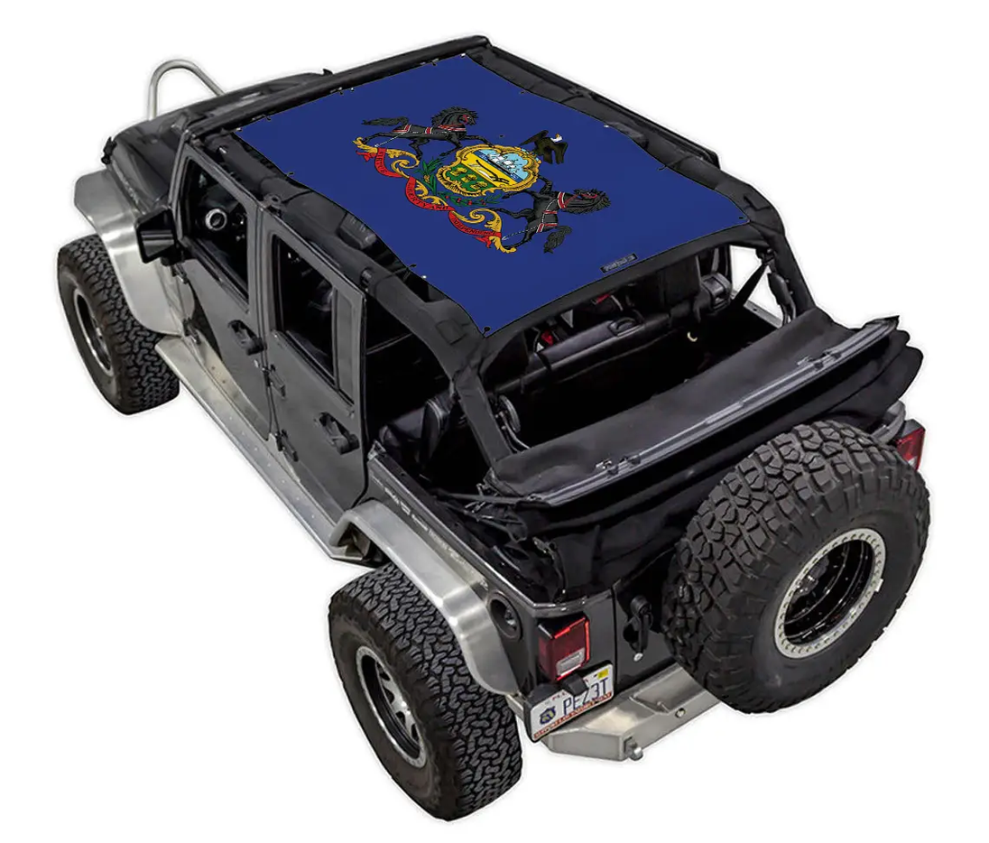 Sun Shade for Jeep Wrangler JKU 4-Door by Spiderwebshade, blue stock-printed shade top