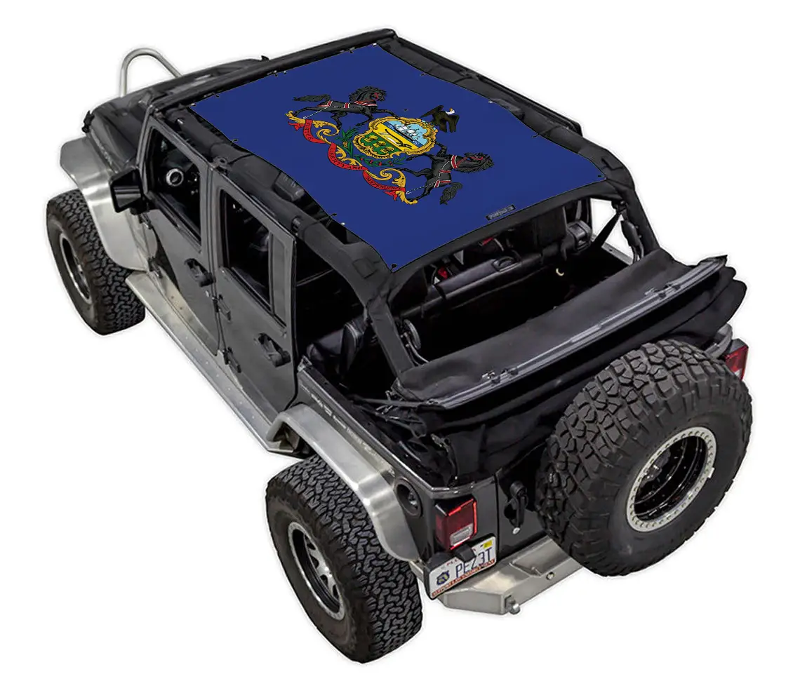 Sun Shade for Jeep Wrangler JKU 4-Door by Spiderwebshade, blue stock-printed shade top