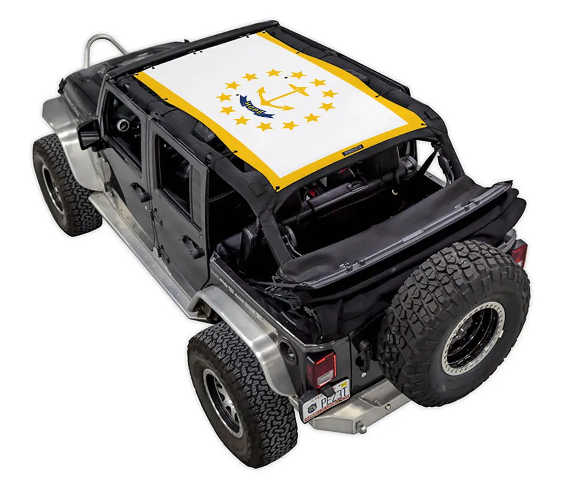 SPIDERWEBSHADE sun shade for Jeep Wrangler JKU 4-Door; white panel with yellow border and star-circle logo