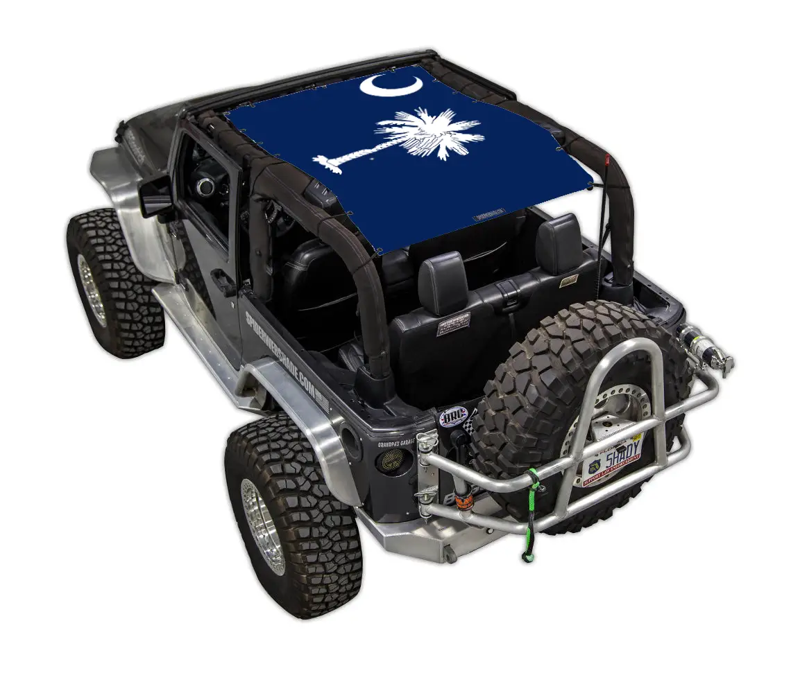 Sun Shade for Jeep Wrangler JK 2-Door by SPIDERWEBSHADE, blue stock-printed shade top with white palm tree design