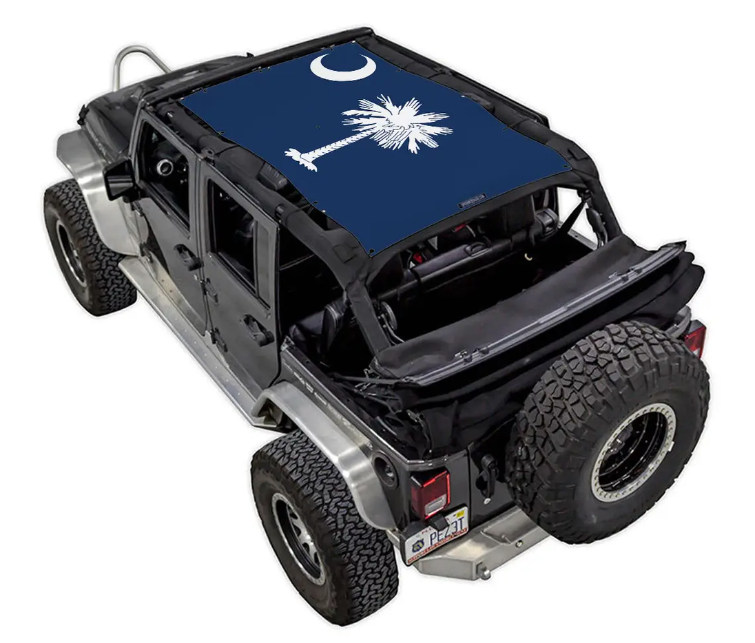 SpiderWebShade sun shade top for Jeep Wrangler JKU 4-Door; blue stock printed shade with white palm tree motif
