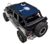 SpiderWebShade sun shade top for Jeep Wrangler JKU 4-Door; blue stock printed shade with white palm tree motif