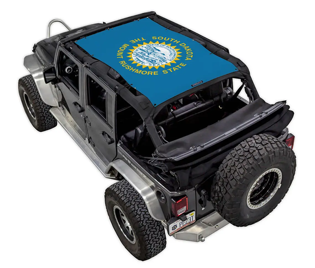 SpiderWebShade sun shade for Jeep Wrangler JKU 4-Door, blue printed top with yellow emblem
