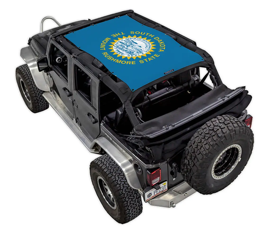 SpiderWebShade sun shade for Jeep Wrangler JKU 4-Door, blue printed top with yellow emblem
