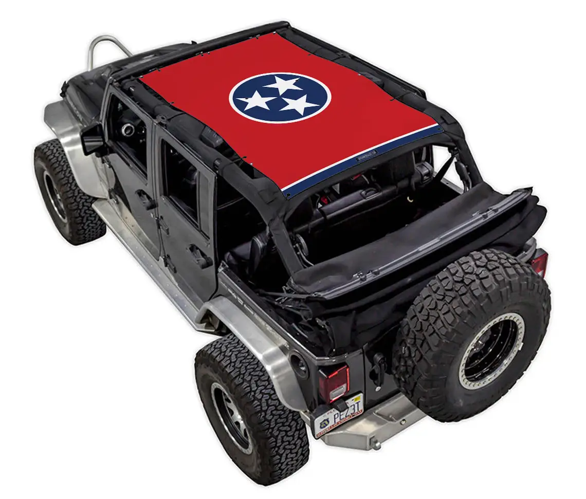 Sun shade top for Jeep Wrangler JKU 4-Door by SpiderWebShade, red shade featuring the Tennessee state flag emblem.