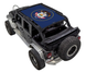 Sun shade top for Jeep Wrangler JKU 4-Door by SpiderWebShade, stock printed blue shade with circular emblem.