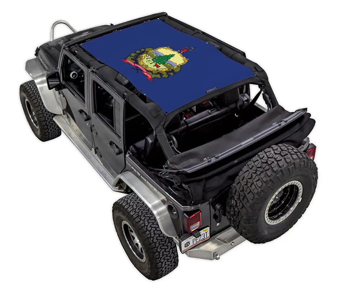 SpiderWebShade sun shade top for Jeep Wrangler JKU 4-Door, blue stock-printed shade
