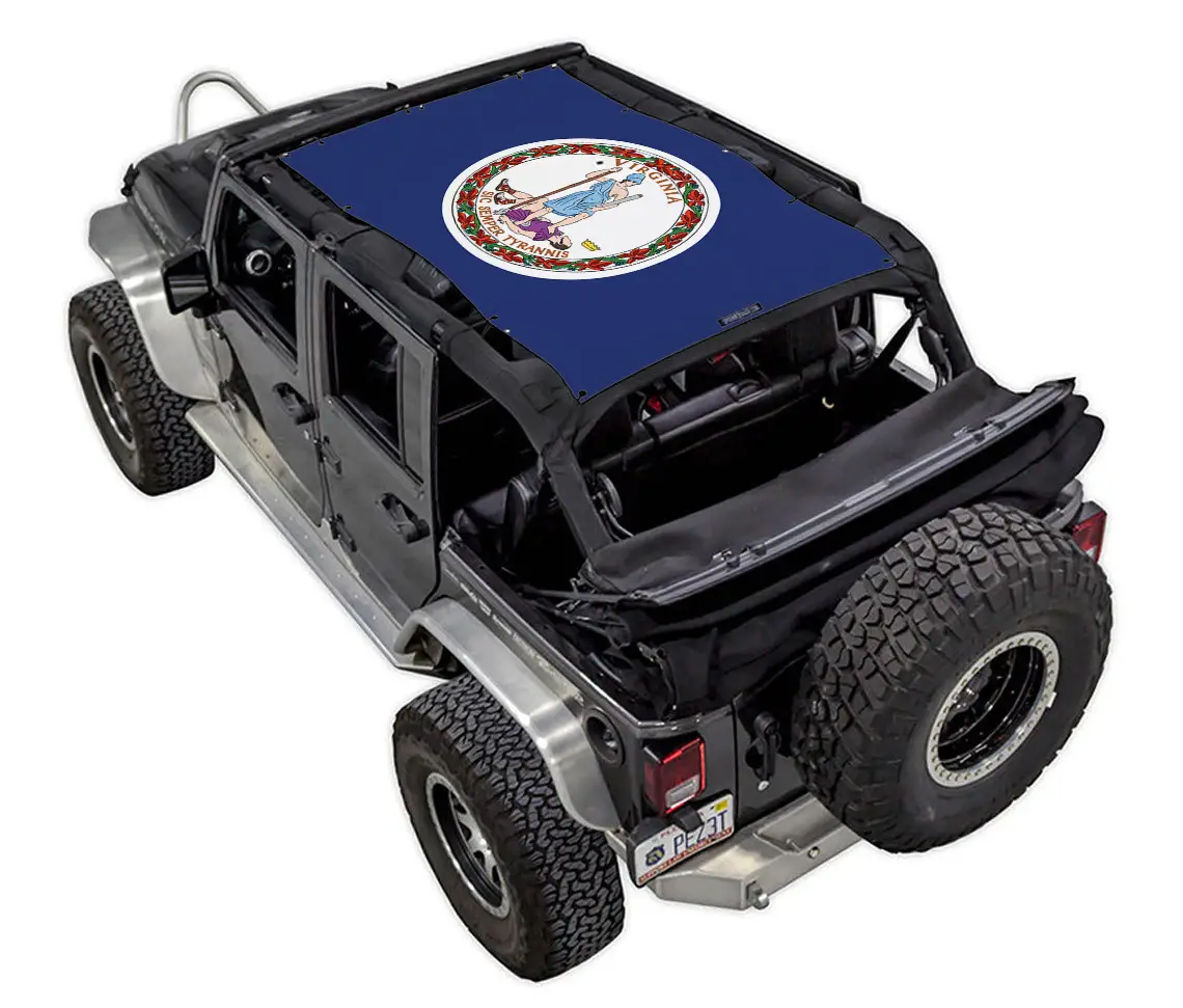 SPIDERWEBSHADE Sun Shade for Jeep Wrangler JKU 4-Door, blue top with circular emblem print