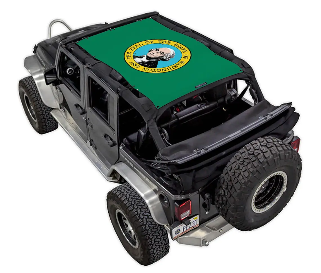 Sun shade top for Jeep Wrangler JKU 4-Door by SpiderWebShade, green printed shade with logo