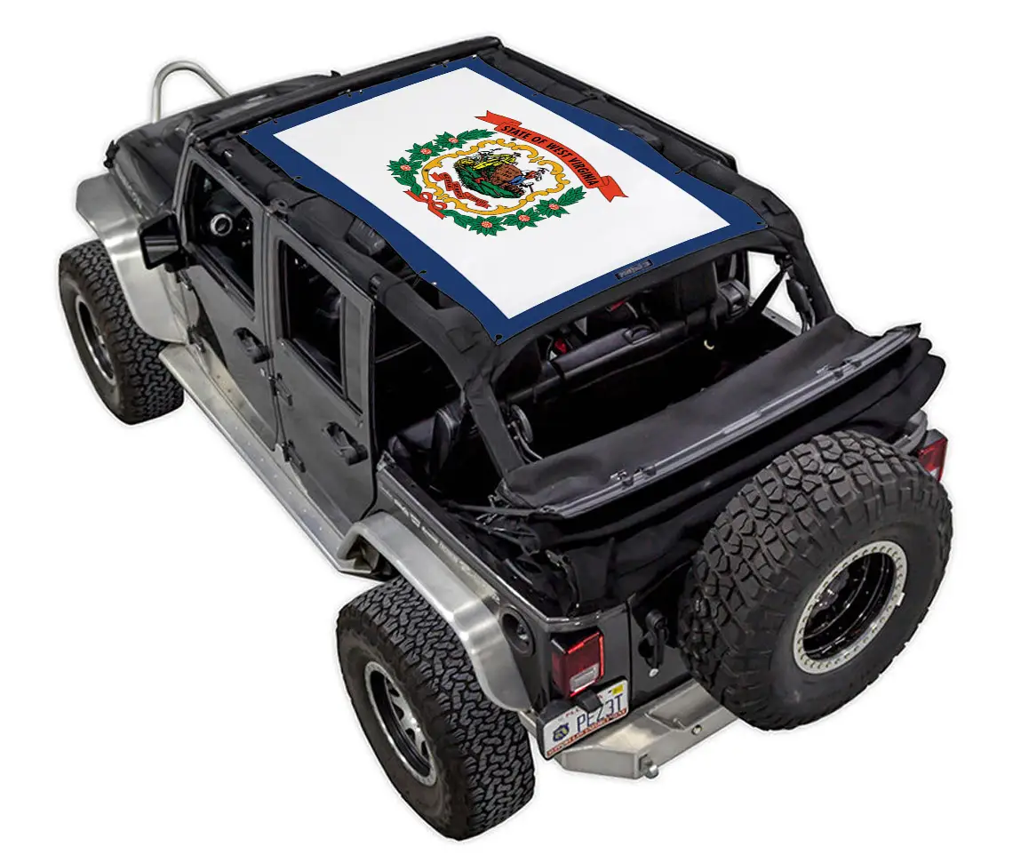 SPIDERWEBSHADE sun shade top for Jeep Wrangler JKU 4-Door with West Virginia state flag print