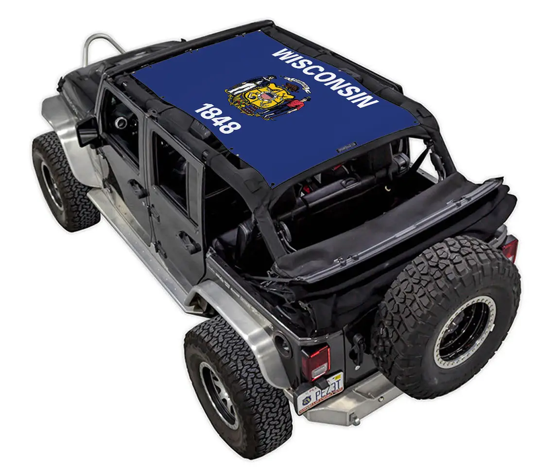 SpiderWebShade sun shade for Jeep Wrangler JKU 4-Door, blue with Wisconsin 1848 seal logo