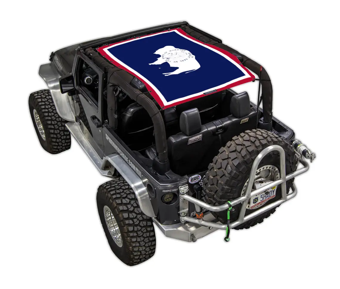 SpiderWebShade Sun Shade for Jeep Wrangler JK 2-Door; stock printed blue design with red border