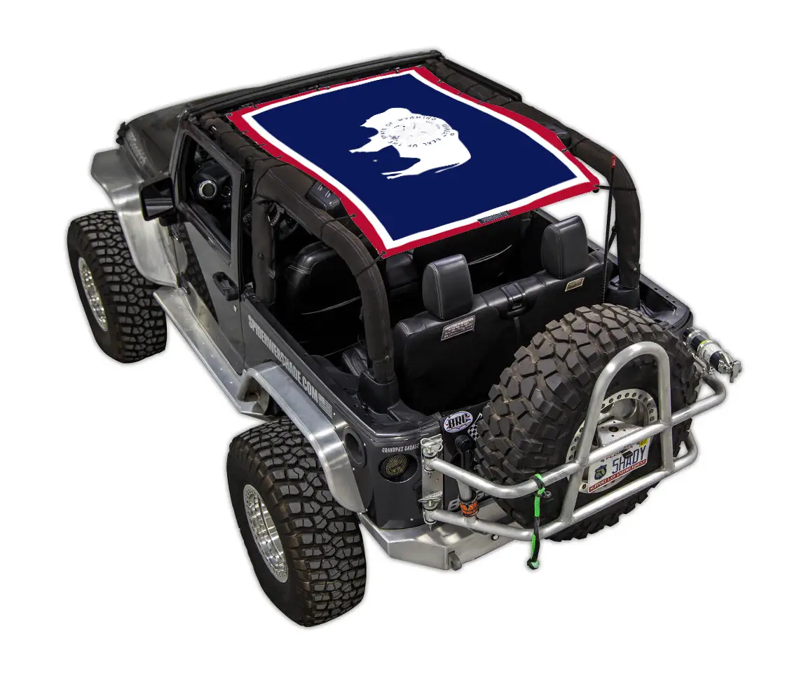 SpiderWebShade Sun Shade for Jeep Wrangler JK 2-Door; stock printed blue design with red border