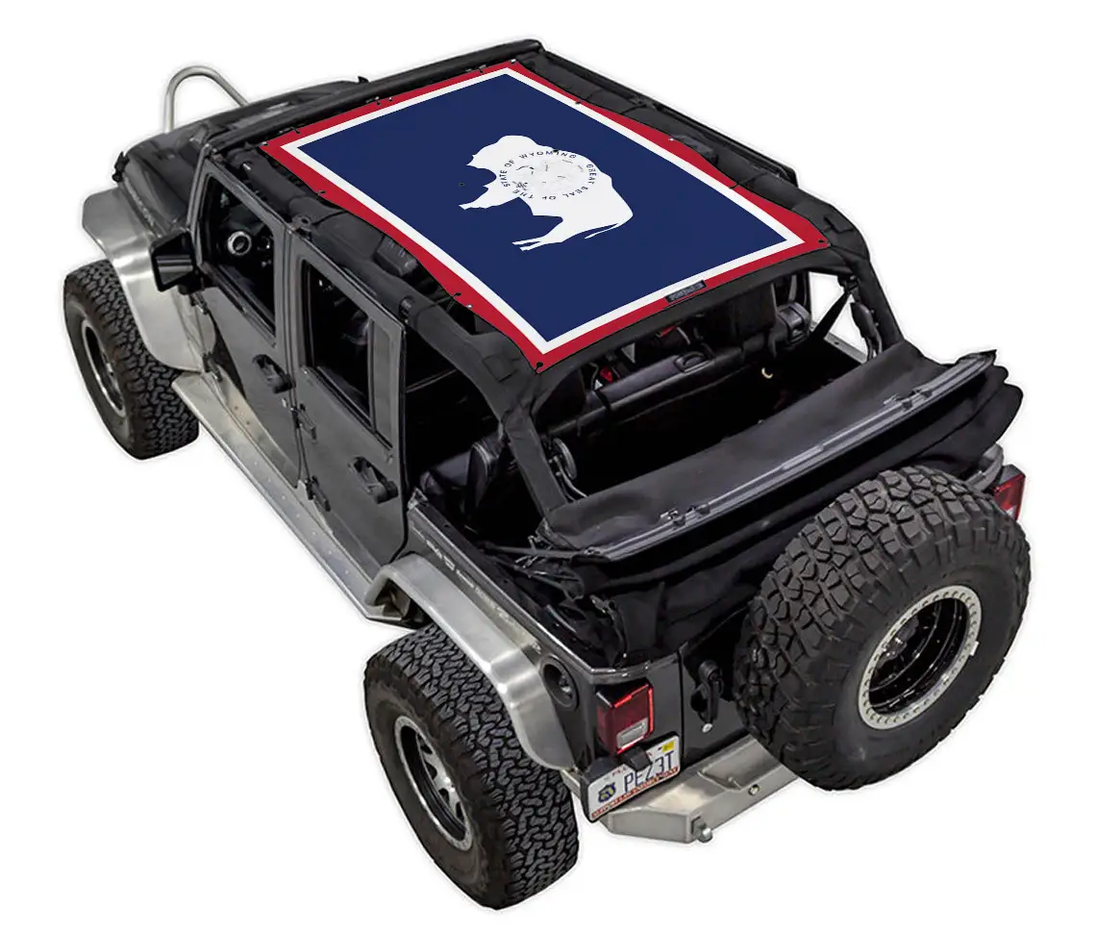 Sun Shade for Jeep Wrangler JKU 4-Door by SpiderWebShade, navy blue stock-printed top with red border.
