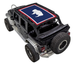 Sun Shade for Jeep Wrangler JKU 4-Door by SpiderWebShade, navy blue stock-printed top with red border.