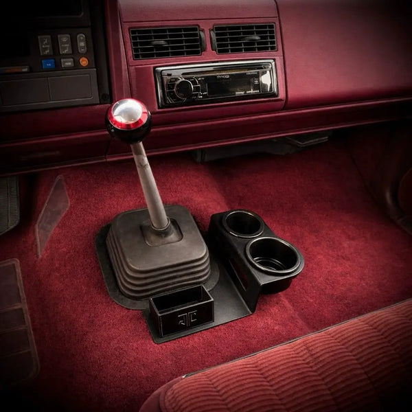 JC Customs OBS Chevy C/K Series shifter-mounted cup holder, black base with two cup holders