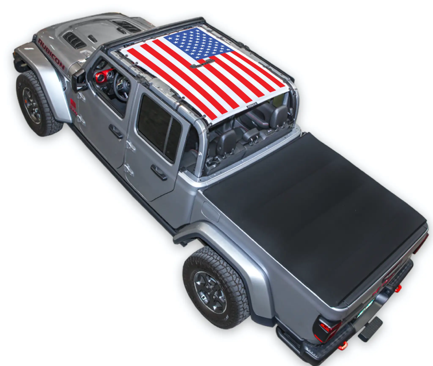 Sun shade for Jeep Gladiator JT (2019–2026) with American flag print; SpiderWebShade stock top