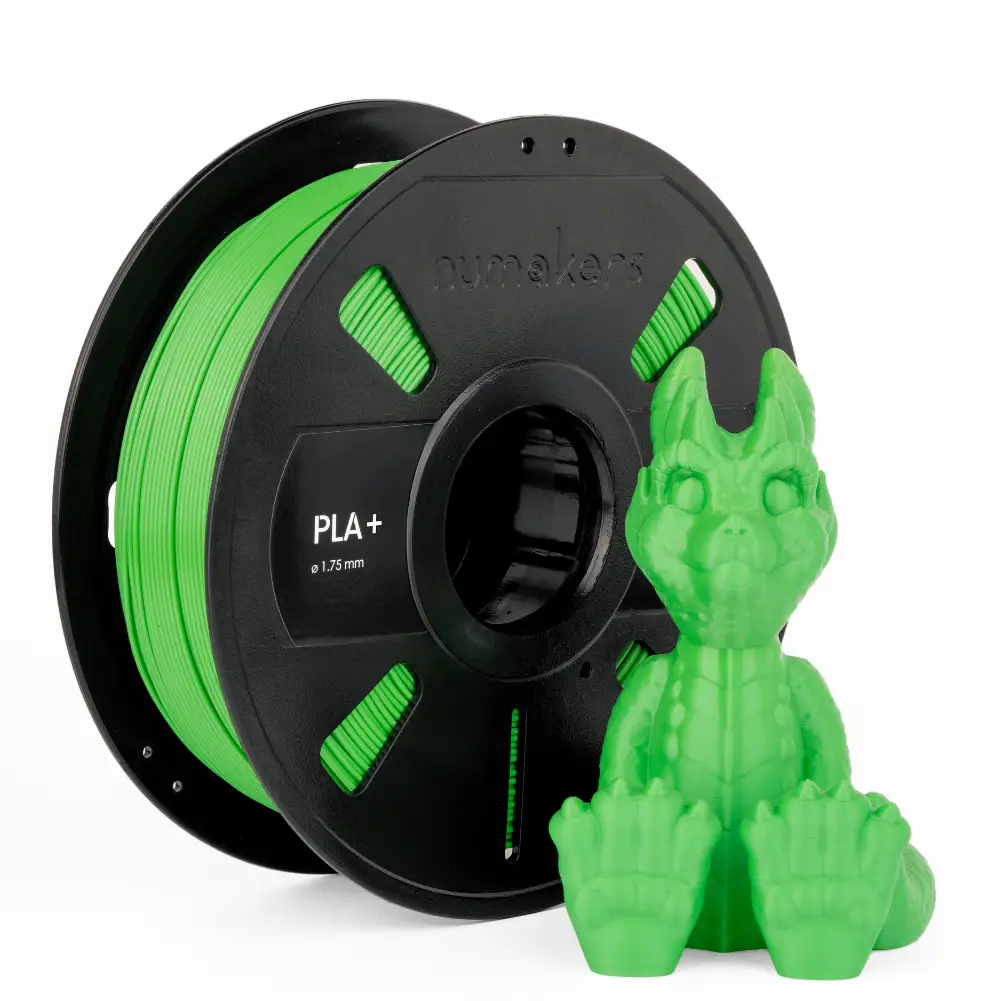 PLA+ Filament spool by Numakers in bright green with a 3D-printed dragon figurine