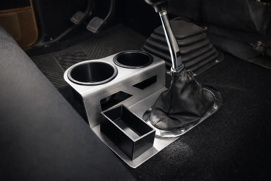 1st Gen Dodge Ram Shifter Mounted Cup Holder JC Customs, dual cup holders in silver aluminum housing