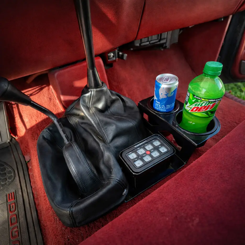 2nd Gen Dodge Ram Shifter-Mounted Cup Holder JC Customs black, fits 12V trucks, dual cup holders