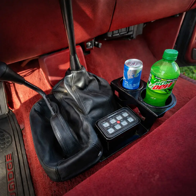 2nd Gen Dodge Ram Shifter-Mounted Cup Holder JC Customs black, fits 12V trucks, dual cup holders