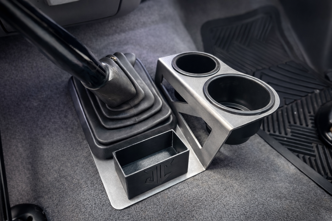 JC Customs OBS Ford F-Series shifter-mounted cup holder with dual cup holders and small storage bin