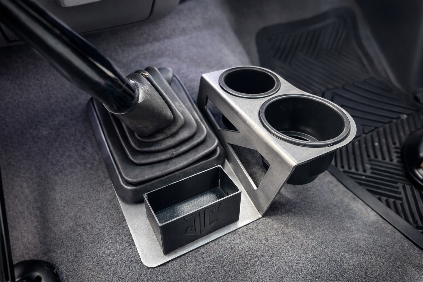 JC Customs OBS Ford F-Series shifter-mounted cup holder with dual cup holders and small storage bin