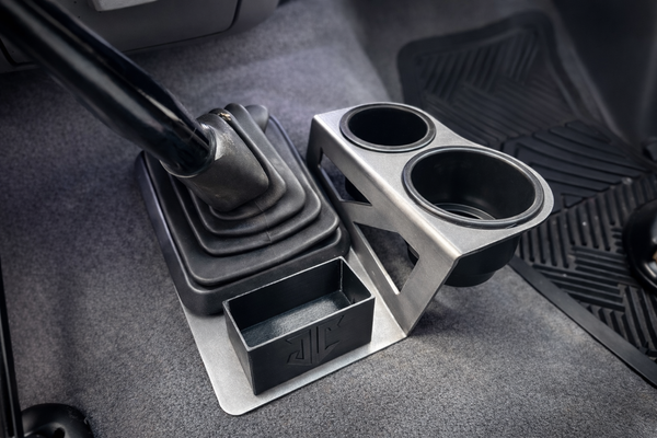 JC Customs OBS Ford F-Series shifter-mounted cup holder with dual cup holders and small storage bin