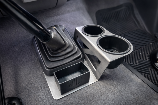 JC Customs OBS Ford F-Series shifter-mounted cup holder with dual cup holders and small storage bin