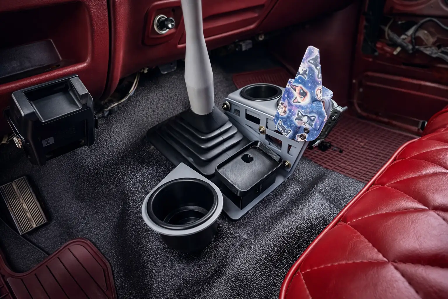 JC Customs Ford F-Series Model A Driver Side Expansion Kit, gray center console with cup holder and small tray