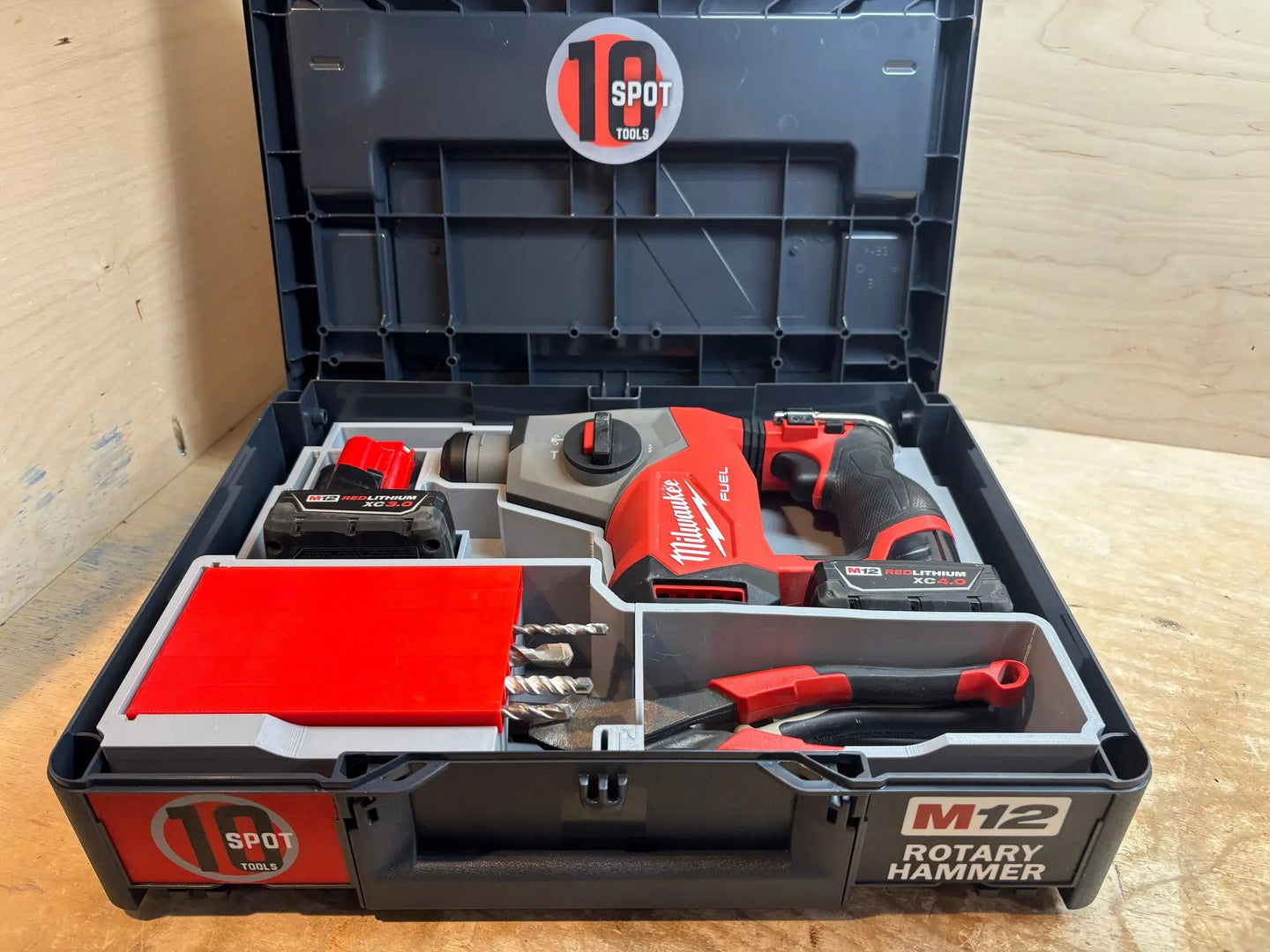 10-Spot Tools Systainer Insert SYS-MFRH2 for M12 Gen 2 FUEL Rotary Hammer; gray insert with red tray.